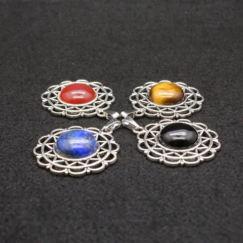 Collier Pendentif Tournesol en Alliage Vintage Avec Pierre Naturelle Agate Rouge Noire Lapis-lazuli Oeil de Tigre Bijoux Bohème Femme
