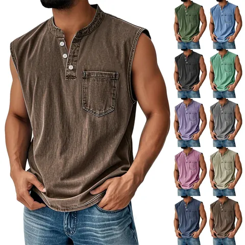Men's Casual Sleeveless Denim T-Shirt Washed Retro Henley Neck 3-Button Vest With Chest Pocket Polyester Summer Top