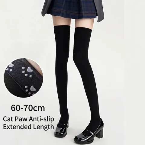 Women Velvet Thigh High Socks Cat Claw Silicone Anti Slip Over The Knee Socks Breathable Solid Color Long Leggings For School Daily