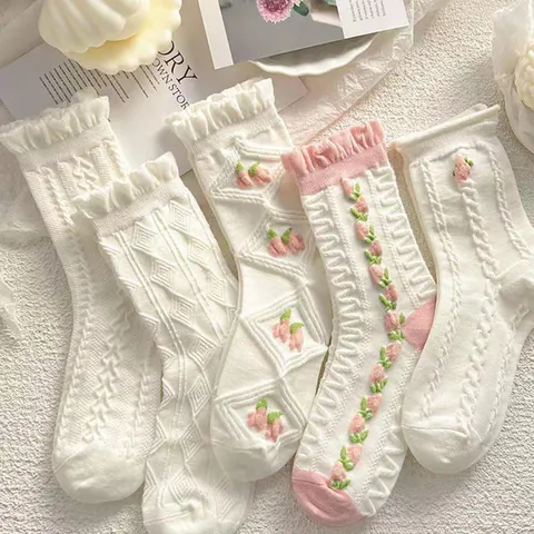 Japanese JK Style Mid-Calf Slouch Socks For Women Floral Embroidery Frilly Lace Trim Cotton Blend Breathable Socks