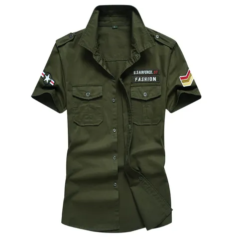 Heren Militaire Stijl Korte Mouw Katoenen Werkoverhemd Met Schouderbanden Button Down Cargo Top Voor Casual Dagelijks Gebruik