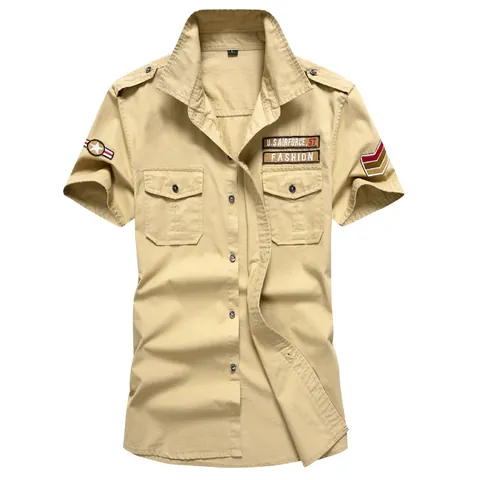 Heren Militaire Stijl Korte Mouw Katoenen Werkoverhemd Met Schouderbanden Button Down Cargo Top Voor Casual Dagelijks Gebruik