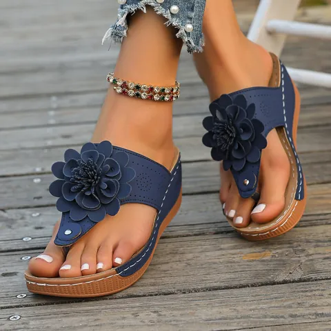 Damen Übergröße Keilabsatz Flip Flops Retro Blumen Zehenstegsandalen Bohemian Strand Schuhe Rutschfest Plateau Sommer Sandalen