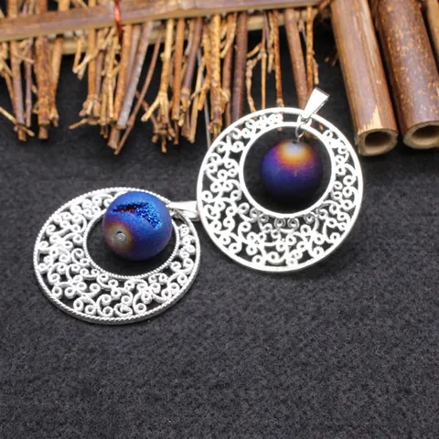 Vintage Round Hollow Agate Druzy Pendant Necklace Electroplated Alloy Ethnic Boho Jewelry For Women Gift Unique Moving Agate Ball