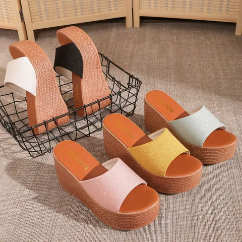 Sandales Compensées à Plateforme pour Femmes Été Plage Bout Ouvert Bride Unique Texture Tissée Talon Haut Mode Décontracté Claquettes Quotidiennes