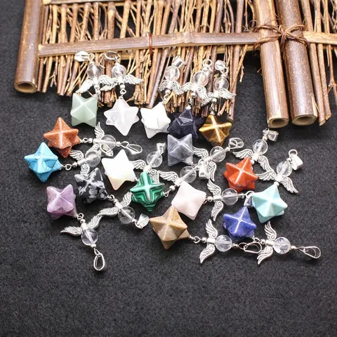 Merkaba Star Angel Wing Pendant Necklace Natural Stone Healing Crystal Alloy Retro Jewelry For Women Men Spiritual Necklace Gift