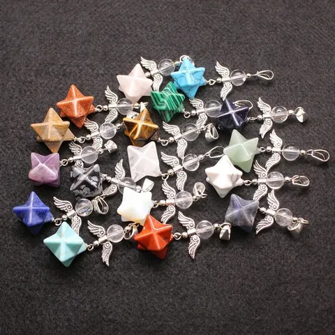 Merkaba Star Angel Wing Pendant Necklace Natural Stone Healing Crystal Alloy Retro Jewelry For Women Men Spiritual Necklace Gift