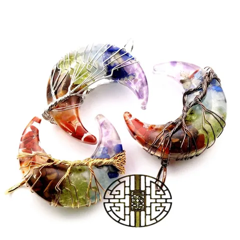 Wire Wrapped Resin Moon Tree of Life Pendant Necklace with Natural Crystal Stone Chips Boho Jewelry For Women Men Gift