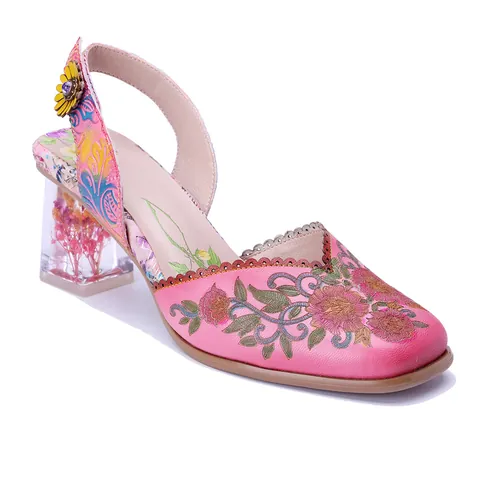 Sandalias de Cuero Hechas a Mano Estilo Palacio Retro Para Mujer Bordado Floral Tacón Transparente Con Flores Secas