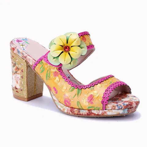 Luxe Schapenvacht Retro Sandalen Met Hoge Hakken 3D Geprinte Bloemen Boheemse Blokhak Handgemaakte Beschilderde Zomerschoenen Voor Dames