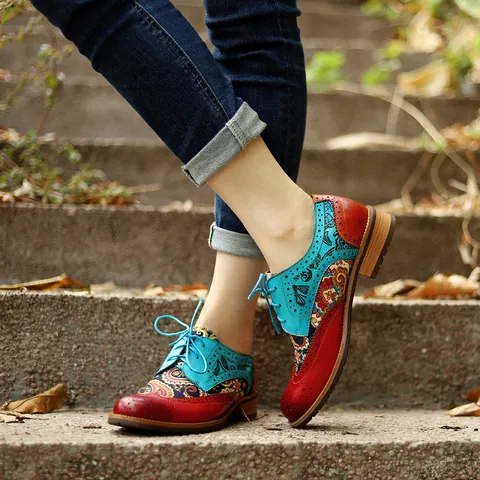 Dames Vintage Brogue Schoenen Schapenvacht Leer Contrastkleur Paisley Bedrukt Handgemaakte Oxford Flats Casual Schoenen