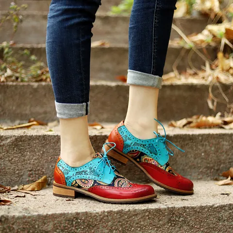 Dames Vintage Brogue Schoenen Schapenvacht Leer Contrastkleur Paisley Bedrukt Handgemaakte Oxford Flats Casual Schoenen