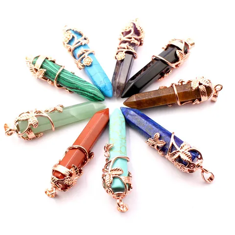 Hexagonal Pillar Natural Stone Pendant Necklace Rose Gold Plated Alloy Rhinestone Flower Wrap Jewelry Gift For Women
