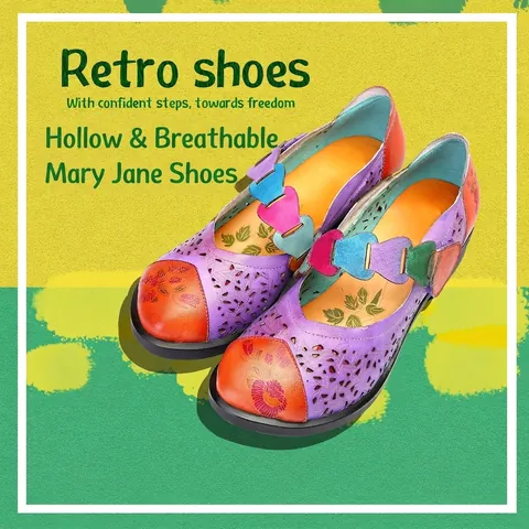 Dames Retro Macaron Echt Leer Mary Jane-schoenen Bloemenprint Opengewerkt Klittenband Ademend Casual Sandalen Middenhak