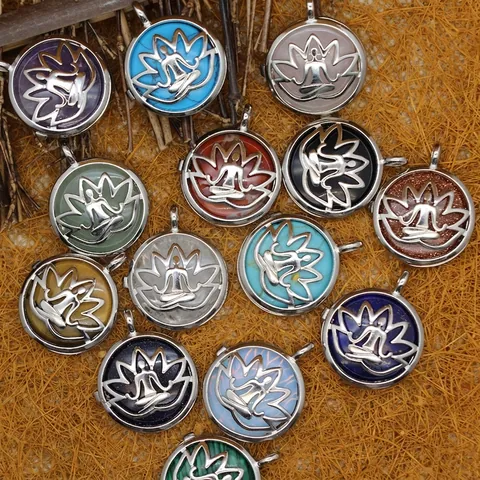 Yoga Meditation Lotus Blume Anhänger Medaillon Halskette Für Damen Herren Hohl Legierung Rund Naturstein Yoga Schmuck Geschenk