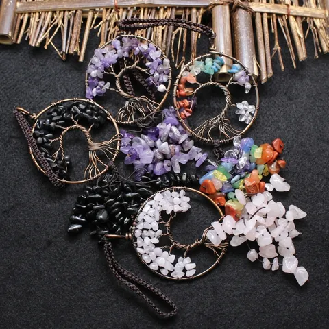 Handgefertigter Lebensbaum Autohänger Natur Amethyst Rosenquarz Kristall Splitter Retro Kupfer Drahtumwickelt Home Deko