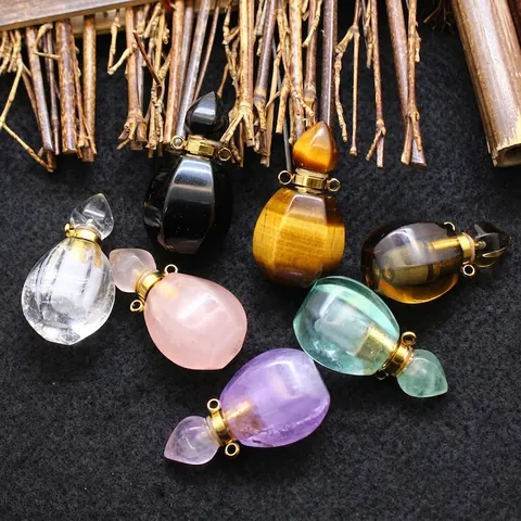 Collar con Pendentif de Botella de Aceite Esencial de Cristal Natural Amatista Cuarzo Rosa para Mujer Joyería de Aromaterapia Retro Tapa de Aleación de Oro