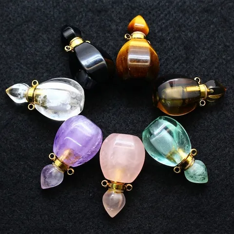 Collar con Pendentif de Botella de Aceite Esencial de Cristal Natural Amatista Cuarzo Rosa para Mujer Joyería de Aromaterapia Retro Tapa de Aleación de Oro