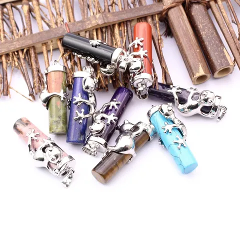 Fashion Alloy Chameleon Pendant Necklace Vintage Natural Stone Crystal Pillar Long Sweater Chain For Women Jewelry Gift