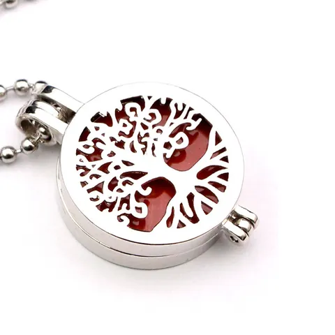 Tree Of Life Hollow Out Locket Necklace Alloy Round Pendant Natural Volcanic Stone Jewelry For Women Men Everyday Accessory