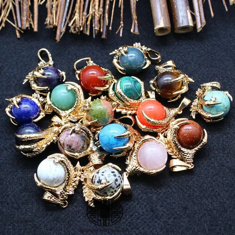 Vintage Golden Dragon Claw Pendant Necklace For Women Men Alloy Round Stone Ball Rhodonite Crystal Rhinestone Mythical Jewelry