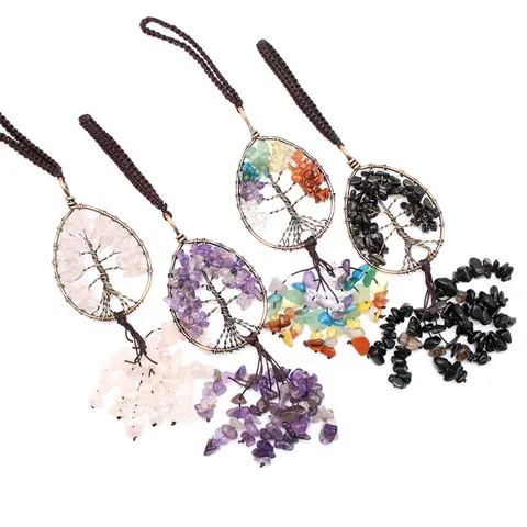 Vintage Bronze Tree of Life Keychain Teardrop Natural Crystal Crushed Stone Wire Wrapped Tassel Pendant For Bag Car Women Jewelry