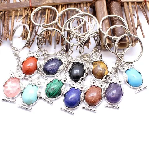 Vintage Legering Uil Sleutelhanger Natuursteen Inleg Veelkleurig Edelsteen Hanger Dier Mode Sleutelring Tas Bedeltje Sieraden Cadeau