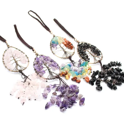Vintage Bronze Tree of Life Keychain Teardrop Natural Crystal Crushed Stone Wire Wrapped Tassel Pendant For Bag Car Women Jewelry