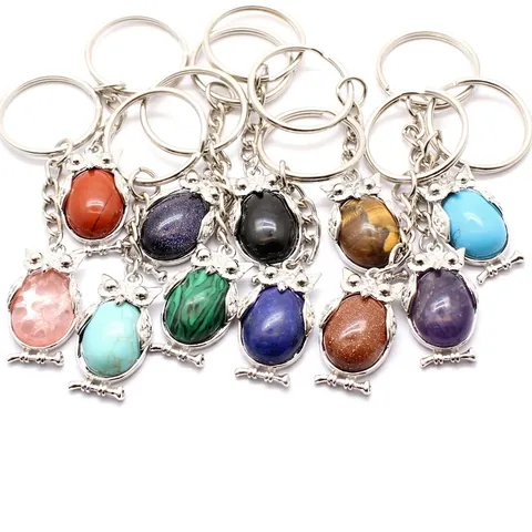 Vintage Legering Uil Sleutelhanger Natuursteen Inleg Veelkleurig Edelsteen Hanger Dier Mode Sleutelring Tas Bedeltje Sieraden Cadeau