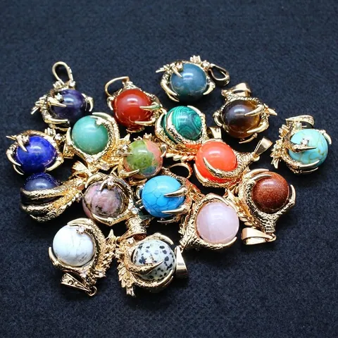 Vintage Golden Dragon Claw Pendant Necklace For Women Men Alloy Round Stone Ball Rhodonite Crystal Rhinestone Mythical Jewelry