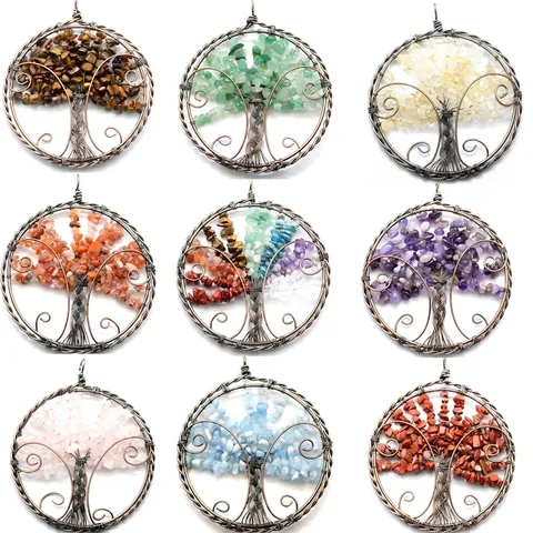 Vintage Handmade Wire Wrapped Tree of Life Hanging Ornament Natural Stone Chips Crystal Healing Car Pendant Home Decor
