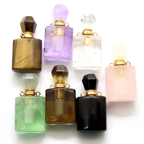 Collar con Colgante de Botella de Aceite Esencial de Cristal Natural para Mujer Amatista Fluorita Cuarzo Difusor de Perfume Joyería
