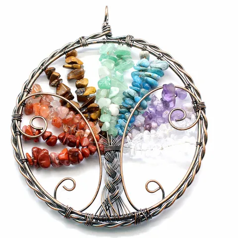 Vintage Handmade Wire Wrapped Tree of Life Hanging Ornament Natural Stone Chips Crystal Healing Car Pendant Home Decor