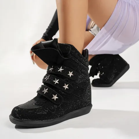 Women Punk Style Full Rhinestone High Top Sneakers Star Studs Hidden Wedge Casual Shoes Hook Loop Bling Platform Trainers