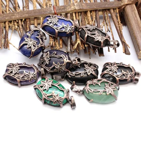Vintage Medieval Double Flower Pendant Necklace For Men Women Natural Stone Antique Bronze Alloy Floral Jewelry Necklaces