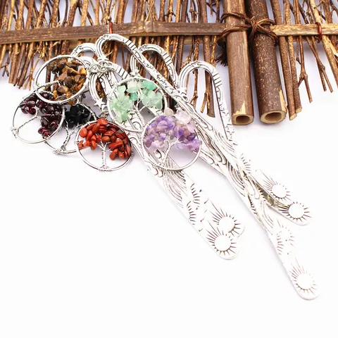 Vintage Tree of Life Metal Bookmark Chinese Style Alloy Natural Stone Chips Pendant Hand-Wound Wire Stationery Office Accessory Gift
