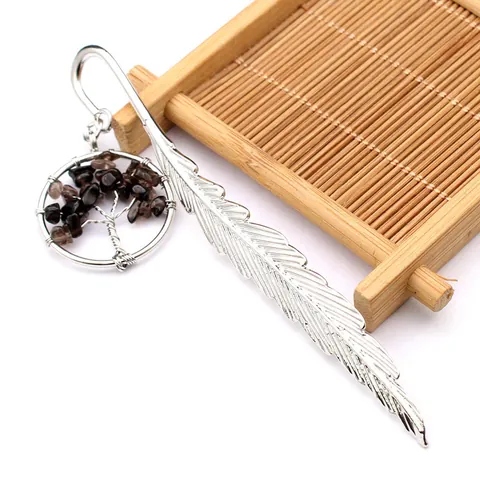Marcapáginas de Pluma de Metal Vintage Árbol de la Vida Piedra de Cristal Natural Hecho a Mano Regalo para Lectores