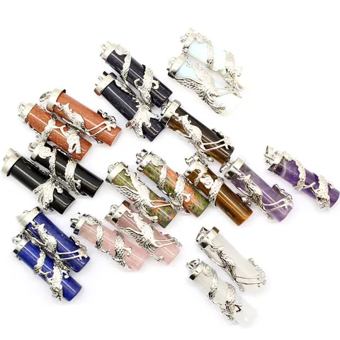 Ethnic Style Dragon And Phoenix Column Pendant Crystal Alloy Stone Necklace For Couples Retro Jewelry Gift For Men Women