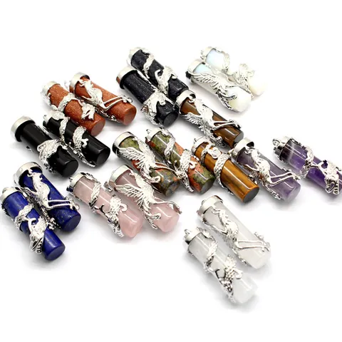 Ethnic Style Dragon And Phoenix Column Pendant Crystal Alloy Stone Necklace For Couples Retro Jewelry Gift For Men Women