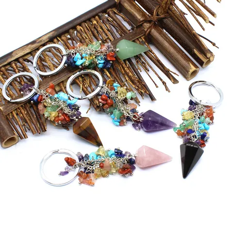 Natural Crystal Hexagonal Cone Keychain With Crushed Stone Tassel Healing Gemstone Key Ring For Women Men Bag Pendant Jewelry