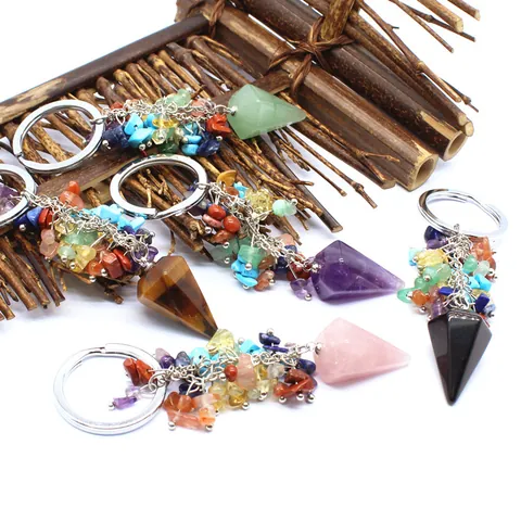 Natural Crystal Hexagonal Cone Keychain With Crushed Stone Tassel Healing Gemstone Key Ring For Women Men Bag Pendant Jewelry
