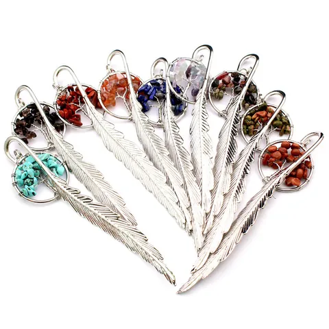 Marcapáginas de Pluma de Metal Vintage Árbol de la Vida Piedra de Cristal Natural Hecho a Mano Regalo para Lectores