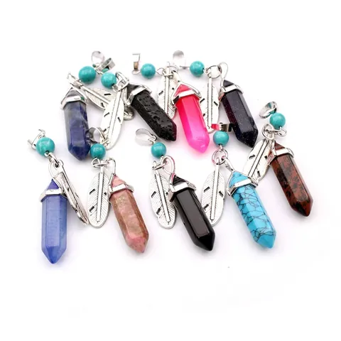 Hexagonal Crystal Pillar Pendant Necklace With Metal Feather Charm And Turquoise Bead Agate Jewelry For Men Women Daily Accessory