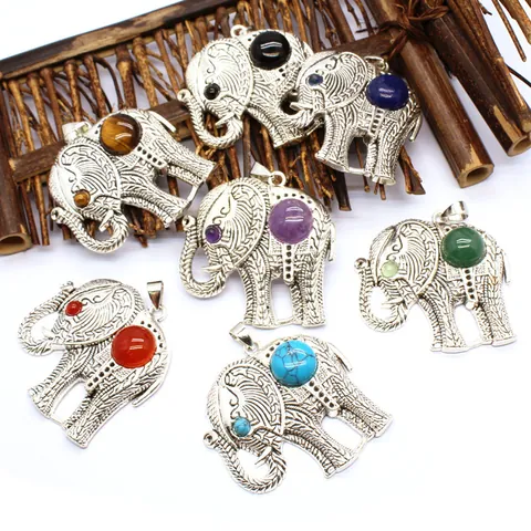 Vintage Legering Olifant Hanger Ketting Etnisch Boheems Retro Zilver Dier Kunstmatige Edelsteen Sieraden Voor Unisex