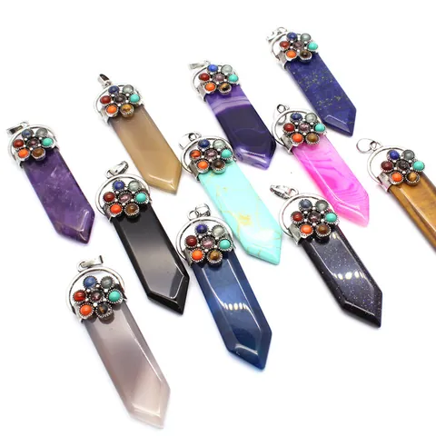 7 Chakra Healing Crystal Sword Pendant Necklace Hexagonal Point Natural Agate Amethyst Stone Boho Jewelry For Women Men Gift