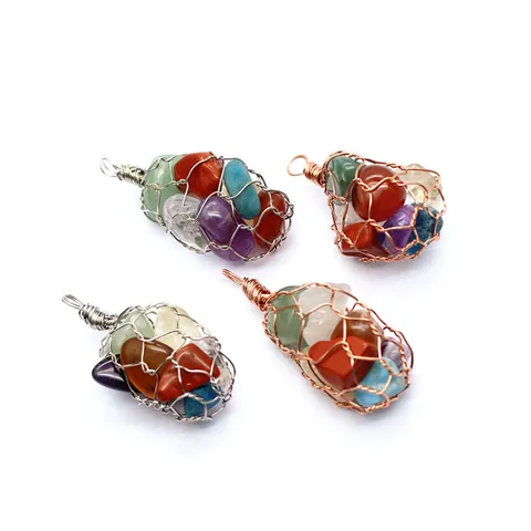 Exaggerated Bohemian Handmade Wire Wrapped Net Bag Pendant Featuring Natural Crystal Chips Rose Gold Silver Jewelry For Women