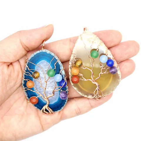 Natural Agate Slice Tree Of Life Pendant Handmade Copper Wire Wrapped Jewelry Healing Crystal Stone Charm For Women Men