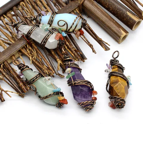 Vintage Hexagonal Prism Crystal Pendant Necklace Hand Wire Wrapped Natural Stone Amethyst Tiger Eye Clear Quartz Obsidian Pendant For Women Men Boho Jewelry