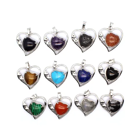 Colgante Corazón Hueco Vintage Piedra Natural Amatista Turquesa Ojo de Tigre Lapislázuli Aleación Joyería para Mujer