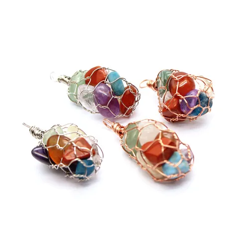 Exaggerated Bohemian Handmade Wire Wrapped Net Bag Pendant Featuring Natural Crystal Chips Rose Gold Silver Jewelry For Women